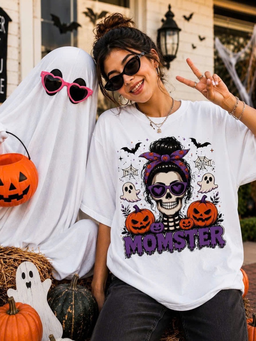 Gildan White 'Momster' Halloween Graphic Tee with Purple and Orange Accents